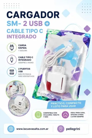 CARGADOR SAM  SM502 - 2 USB + CABLE TIPO C INTEGRADO - SM502 // SM-502