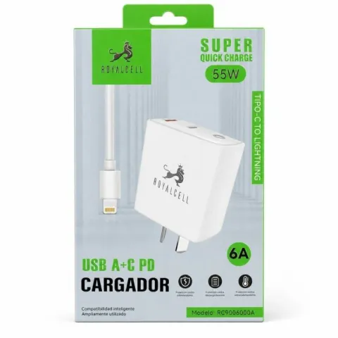 CARGADOR 55W  6A - SALIDA TIPO C + USB - CABLE USB DE TC A TC - RC9006000A